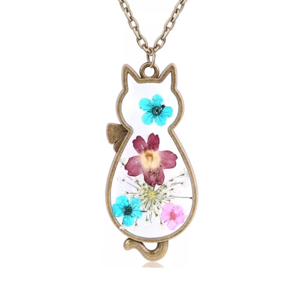 Gold-Tone Cat Pendant Necklace with Blue and Pink Pressed Flowers